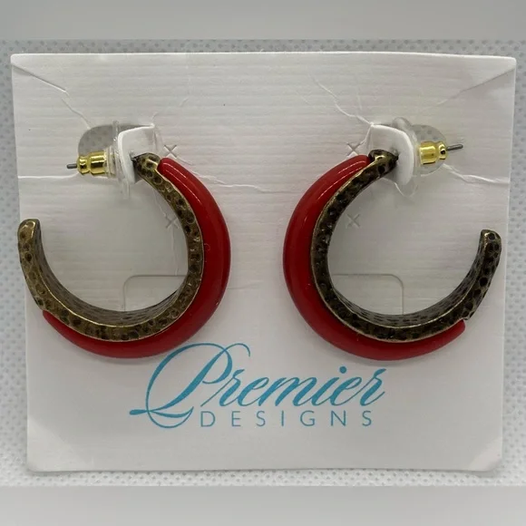 Premier Designs Red and Gold Textured Earrings - Picture 1 of 3